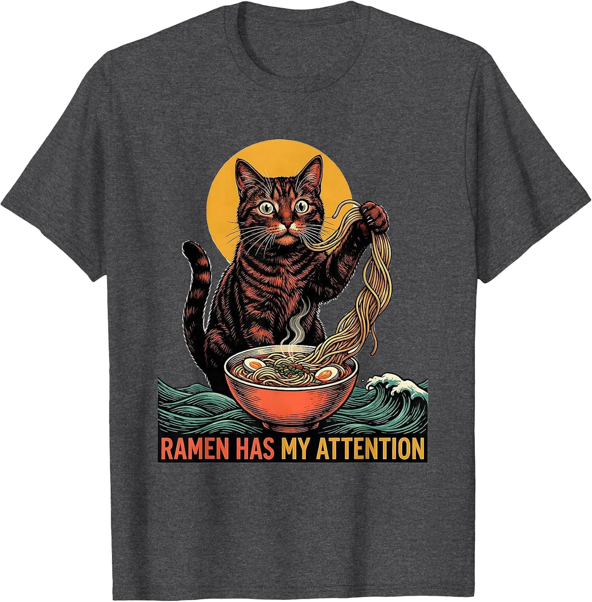 Ramen Has My Attention Funny Cat Anime Kawaii Japanese Art T-Shirt - Dark Heather Grey