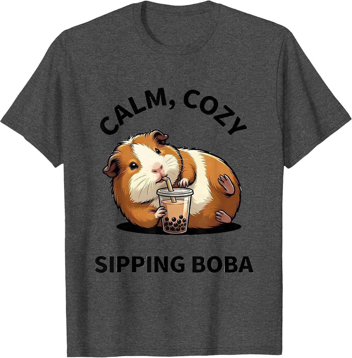 Calm Cozy Sipping Boba Cute Kawaii Guinea Pig Anime Girl T-Shirt - Dark Heather Grey