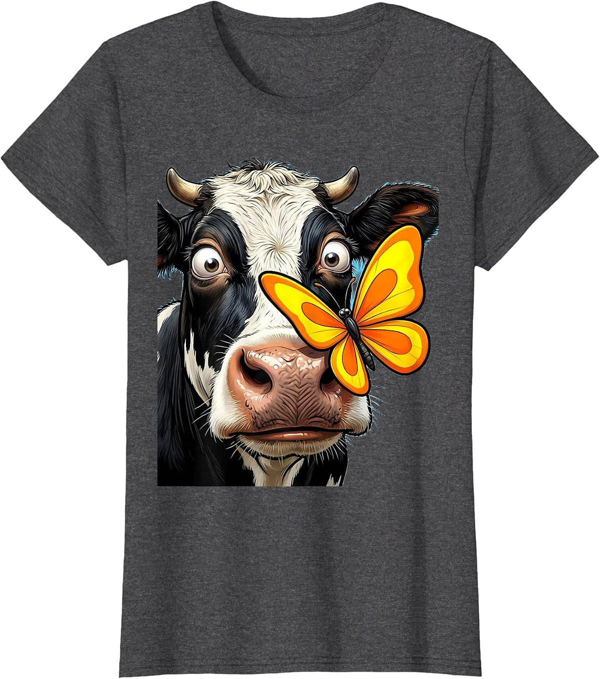 Women's Cow With Butterfly on Nose Cute Farm Animal Art T-Shirt - Dark Heather Grey