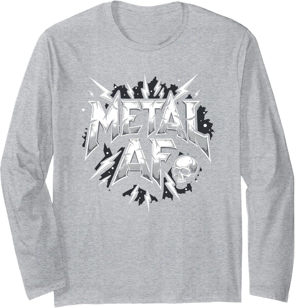 Metal AF Heavy Metal Thunder Skull Rock Rockstar Fan Long Sleeve T-Shirt - Adult Unisex Heather Grey