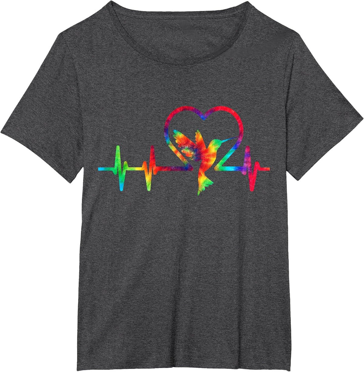 Hummingbird Lovers Tie Dye Heartbeat Colorful Heart Rainbow T-Shirt - Dark Heather Grey