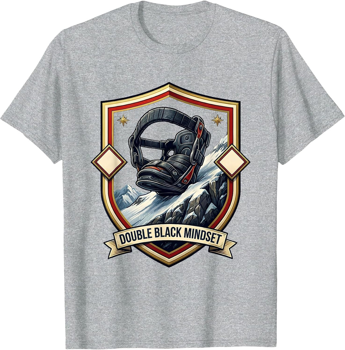 Men's Double Black Mindset Funny Snowboarder Ski Humor Emblem T-Shirt - Heather Grey
