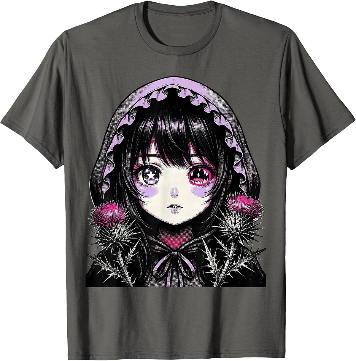 Men's Anime Girl Horror Kawaii Goth Aesthetic T-Shirt - Asphalt Grey