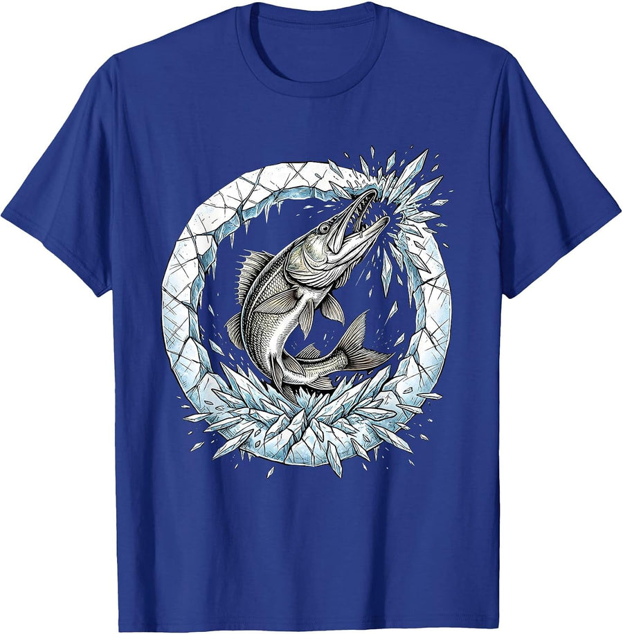 Pike Bursting Through Ice Hole Fishing Graphic T-Shirt - Royal Blue