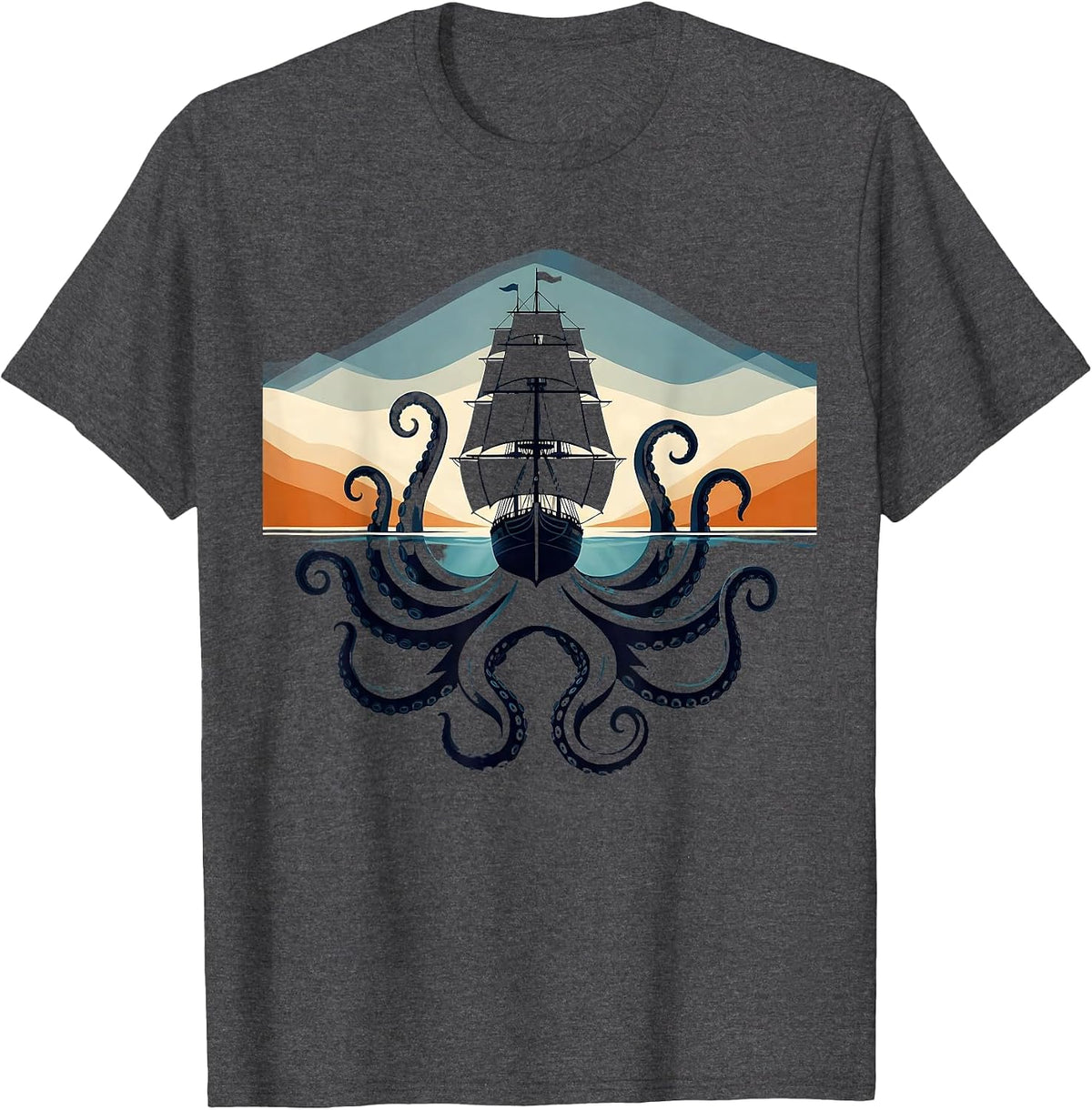 Octopus Dragging Ship Under Ocean Surface T-Shirt - Dark Heather Grey