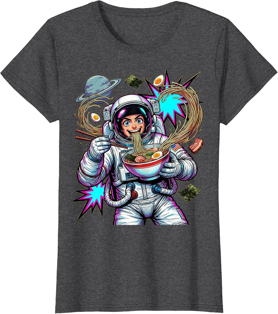 Women's Astronaut Ramen Noodles Outer Space Anime Art T-Shirt - Dark Heather Grey