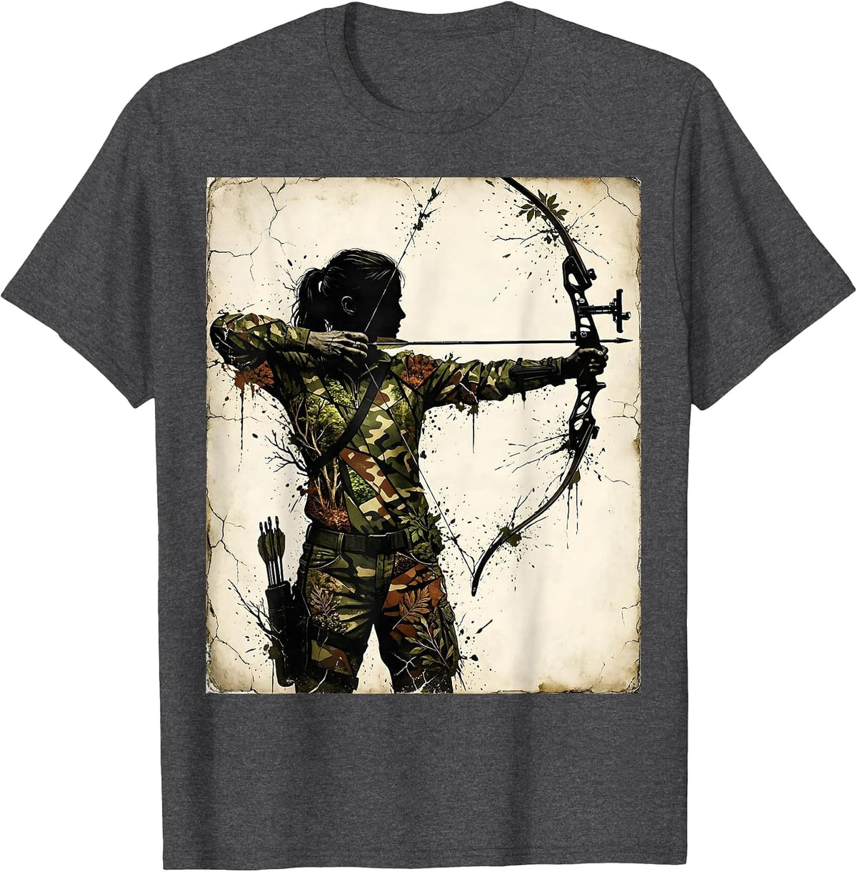 Woodland Camo Archer Drawing Bow Illustration T-Shirt - Dark Heather Grey