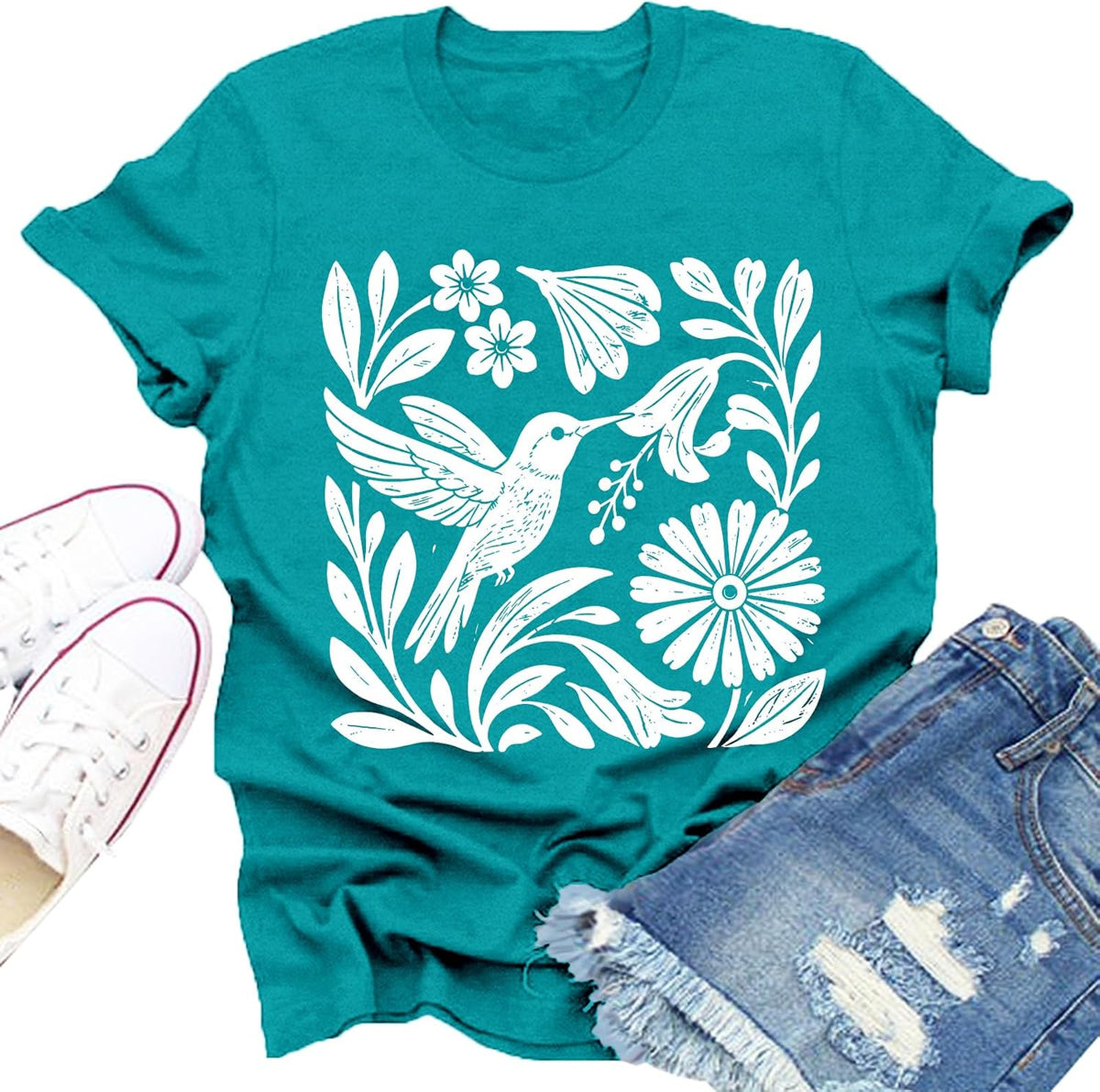 Hummingbird Shirts for Women Boho Woodcut Bird Flower Graphic Tee - Cyan