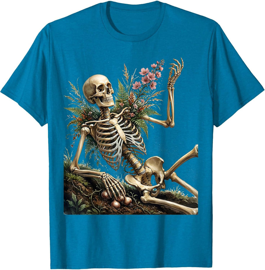 Dancing Skeleton Wildflower Cottagecore Goth Botanical T-Shirt - Sapphire Blue