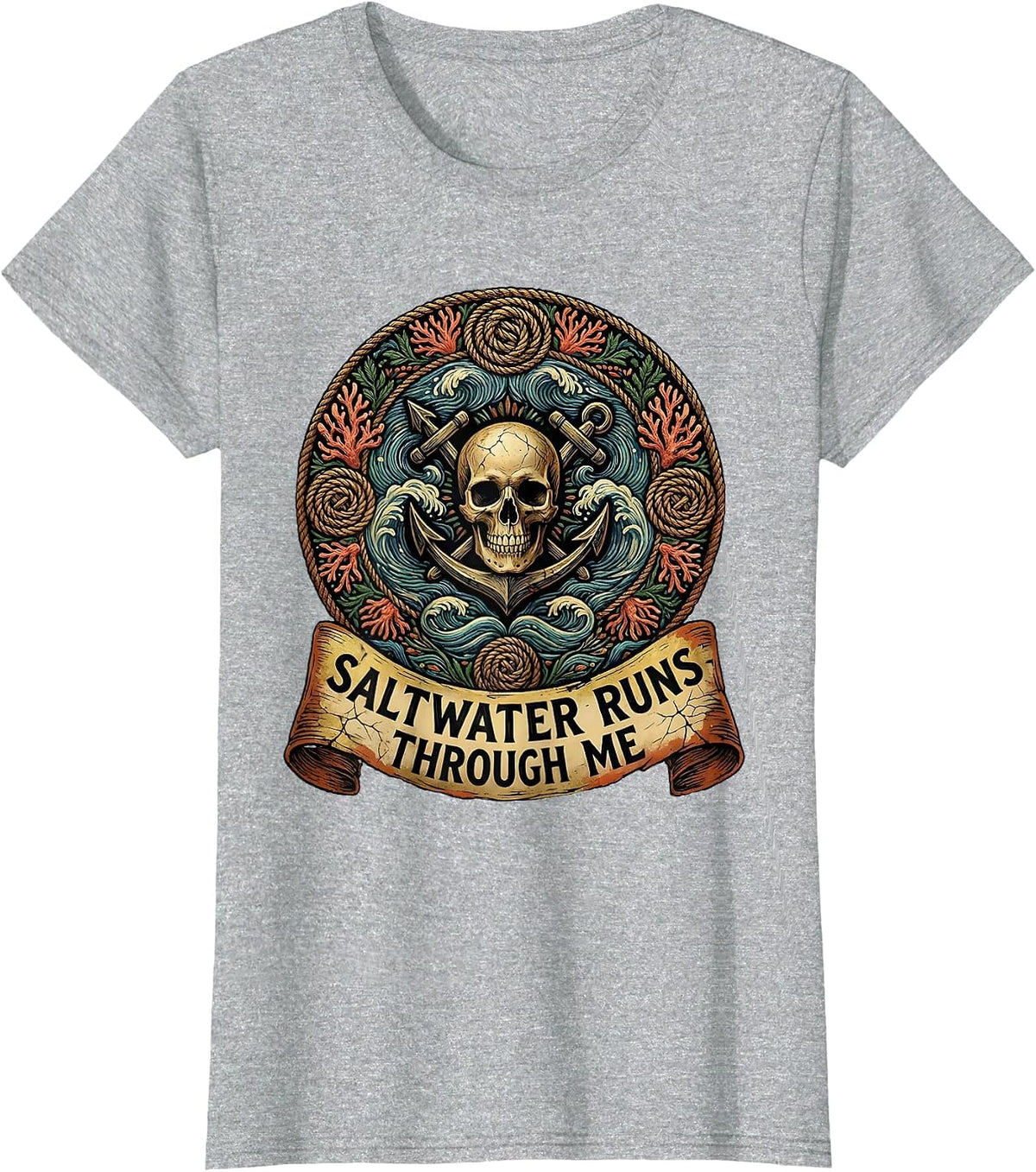 Women's Saltwater Runs Through Me Pirate Design T-Shirt - Heather Grey