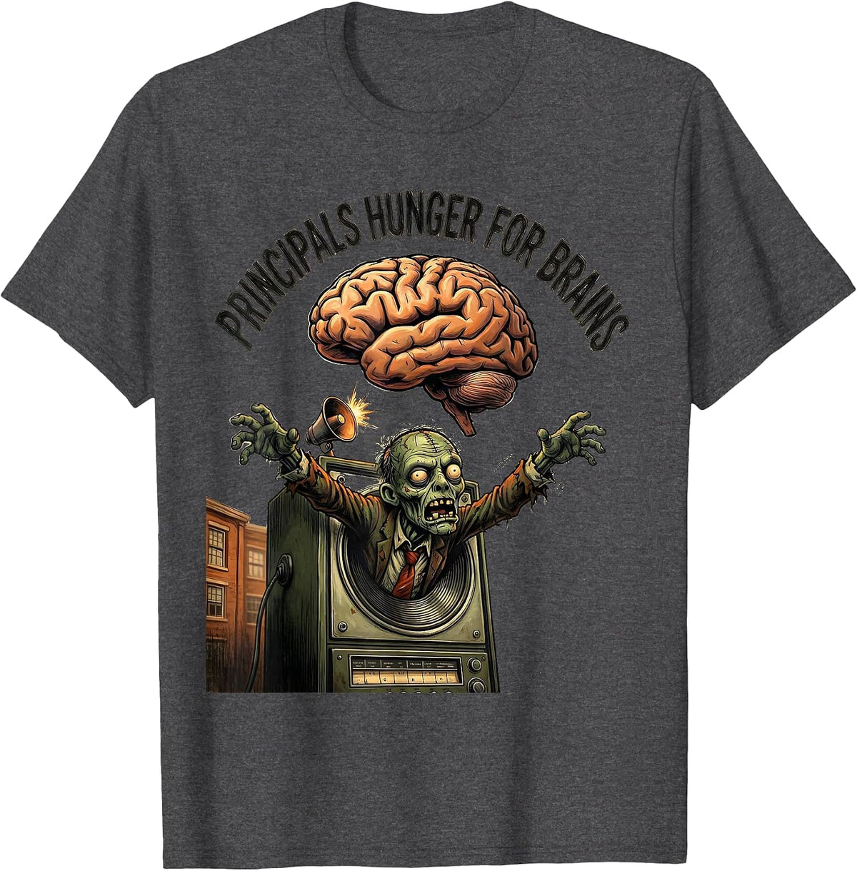 Men's Principals Hunger For Brains Funny Zombie Teacher Halloween T-Shirt - Dark Heather Grey