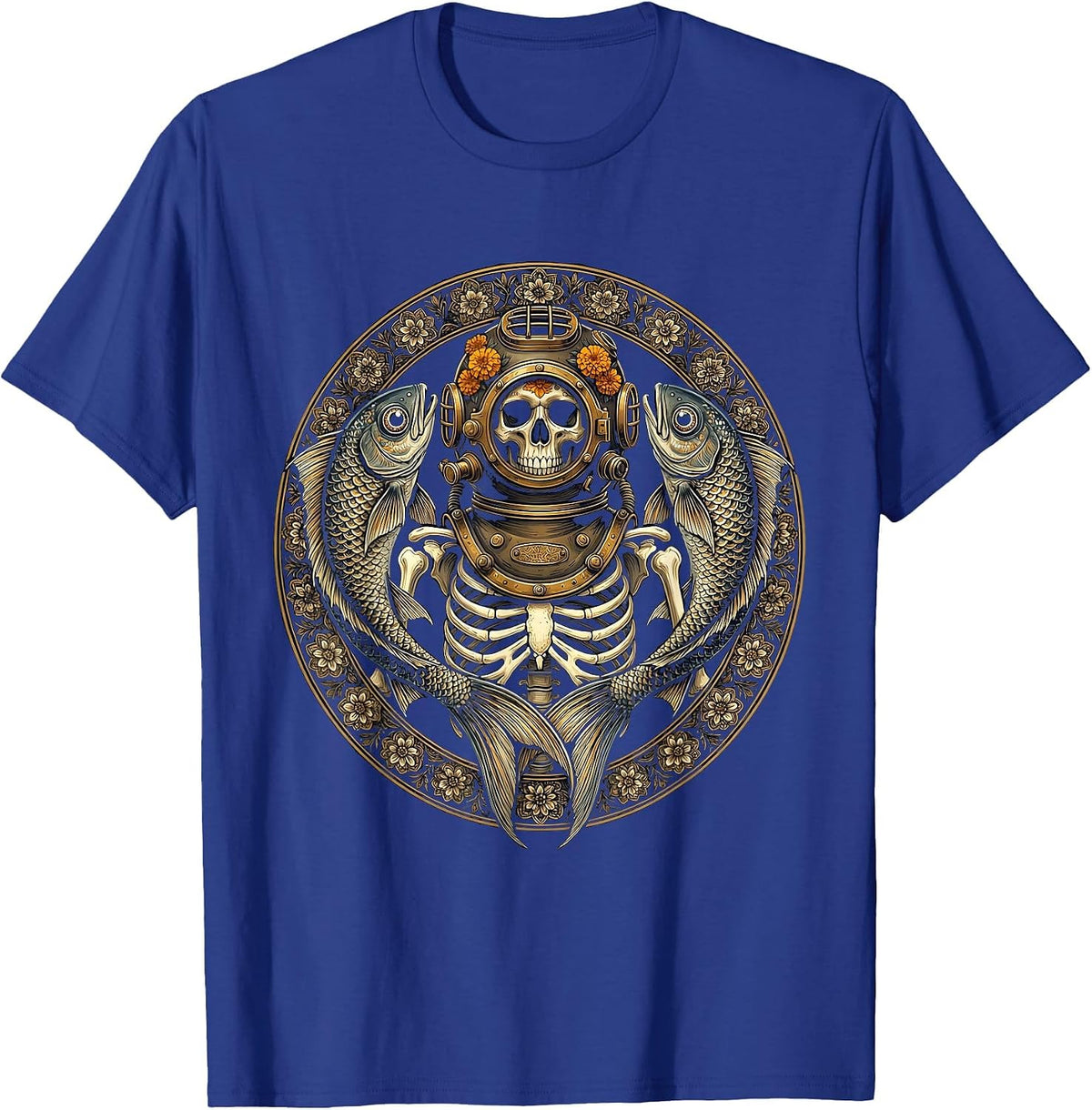 Men's Dia de los Muertos Skeleton Deep Sea Diver T-Shirt - Royal Blue