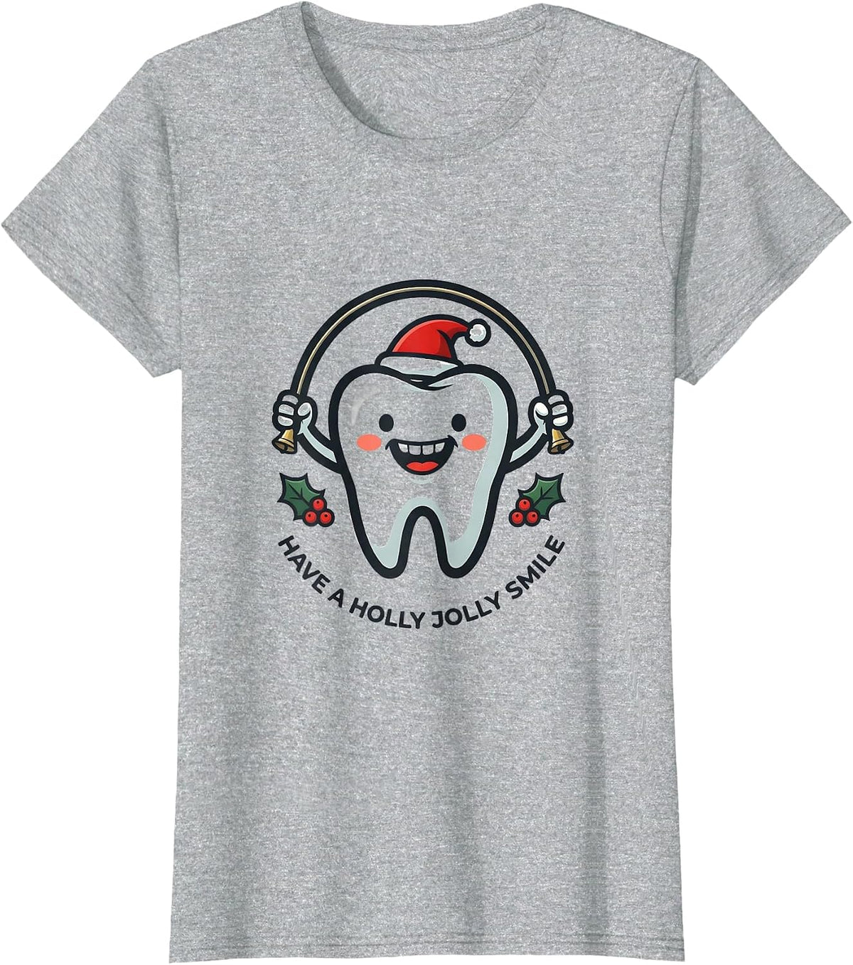 Have A Holly Jolly Smile Funny Dental Christmas Tooth Mascot T-Shirt - Heather Grey