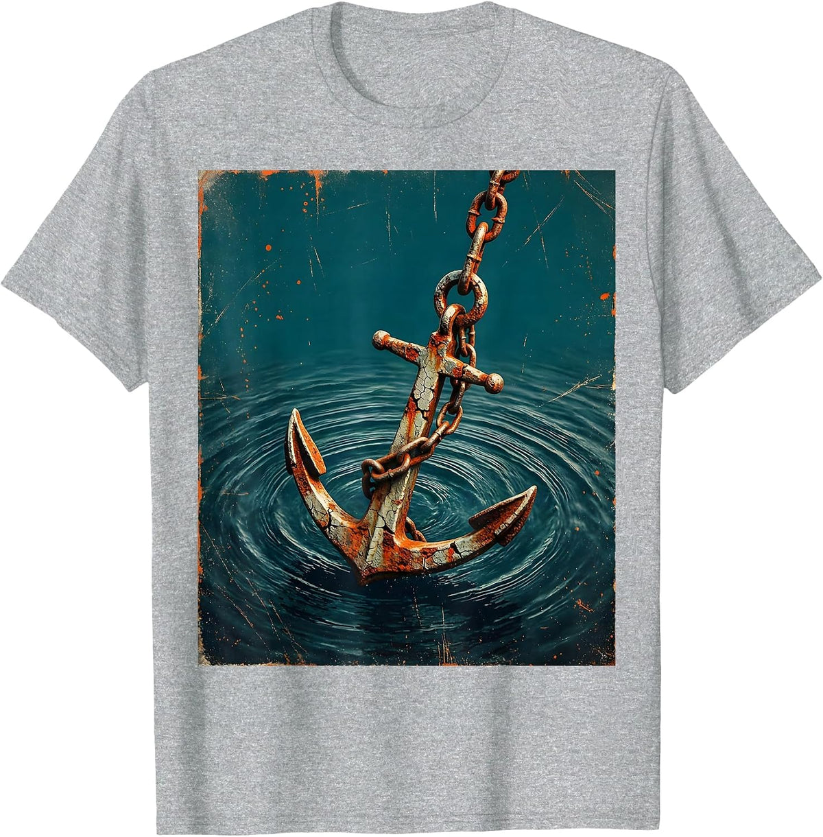 Men's Rowboat Anchor Ocean Depths Fishing Illustration T-Shirt - Heather Grey