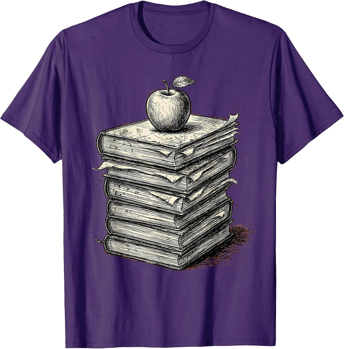 Music Teacher Worn Books and Apple Graphic T-Shirt - Purple