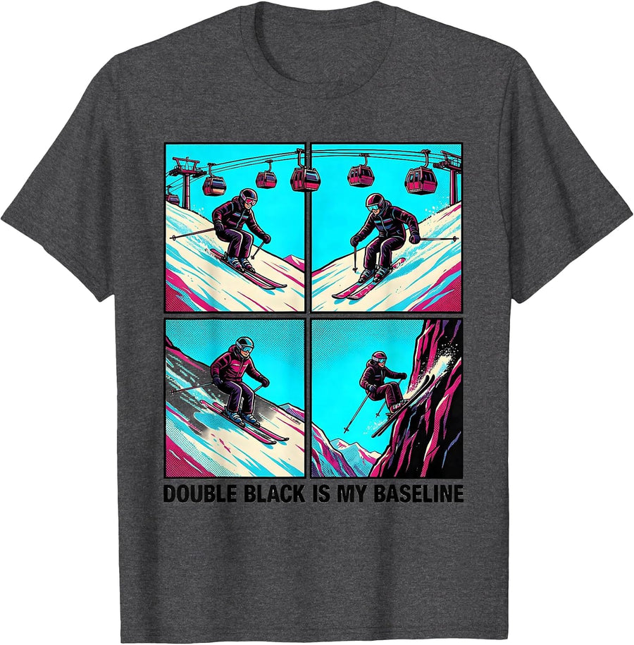 Men's Double Black Is My Baseline Funny Ski Snowboard Pop Art T-Shirt - Dark Heather Grey