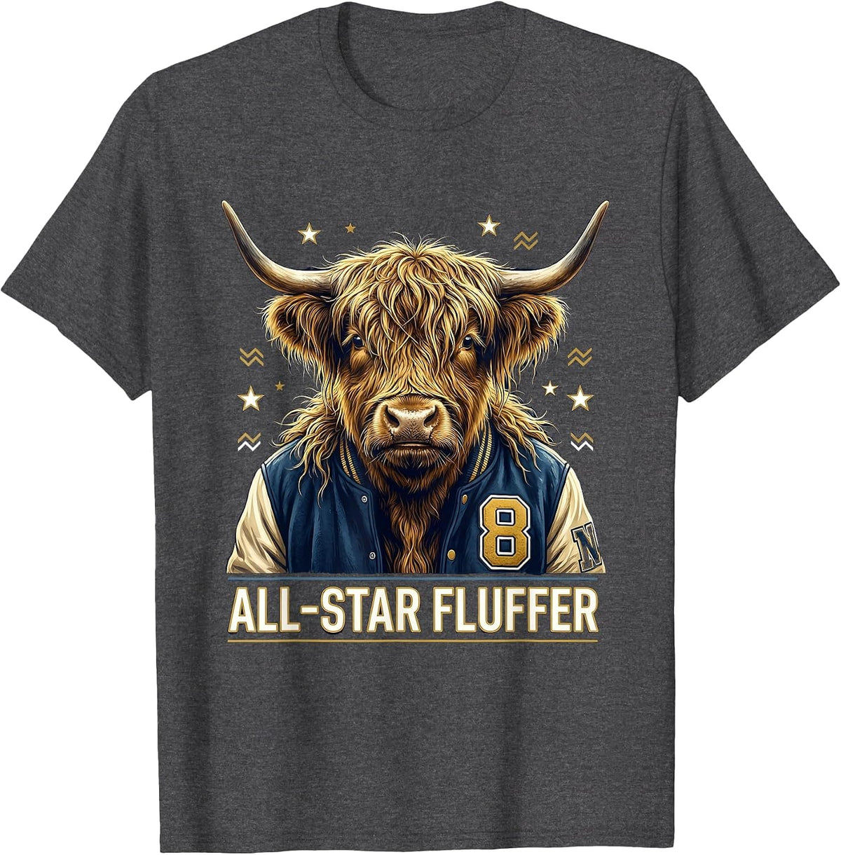 All-Star Fluffer Highland Cow Varsity Design T-Shirt - Dark Heather Grey