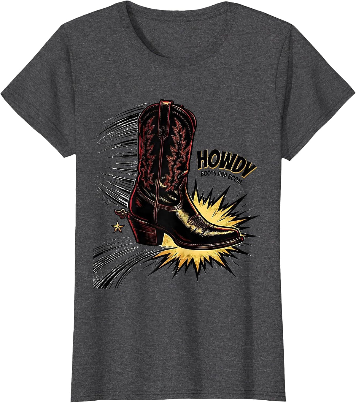 Women's Howdy Boots and Boom Comic Book Cowgirl Western Pride T-Shirt - Dark Heather Grey