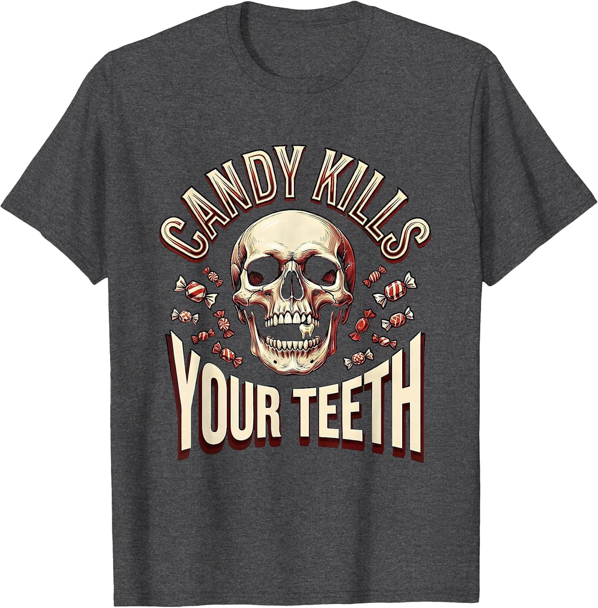 Men's Candy Kills Your Teeth Dental Halloween Design T-Shirt - Dark Heather Grey
