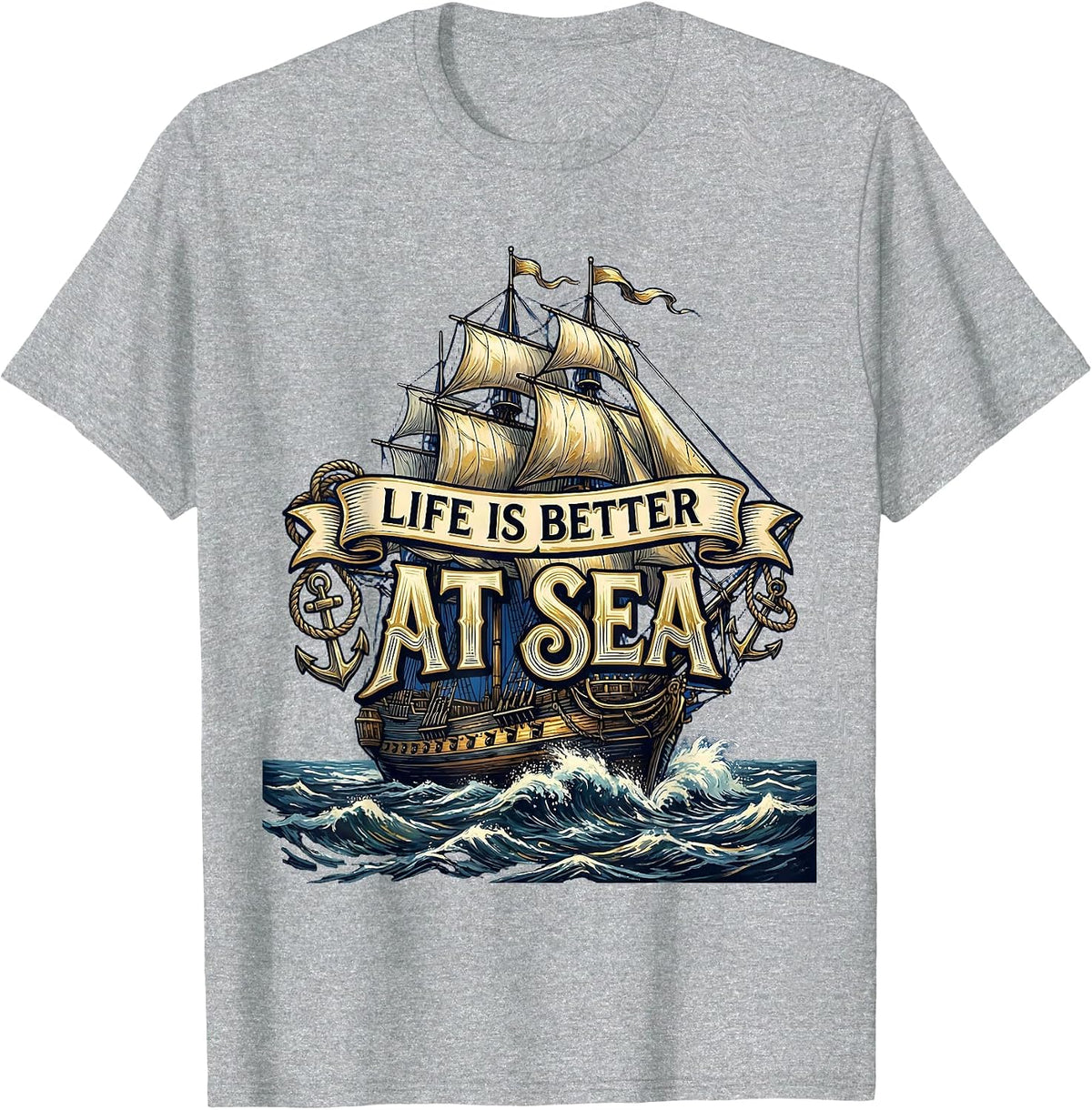 Men's Life Is Better At Sea Navy Ocean Design T-Shirt - Heather Grey