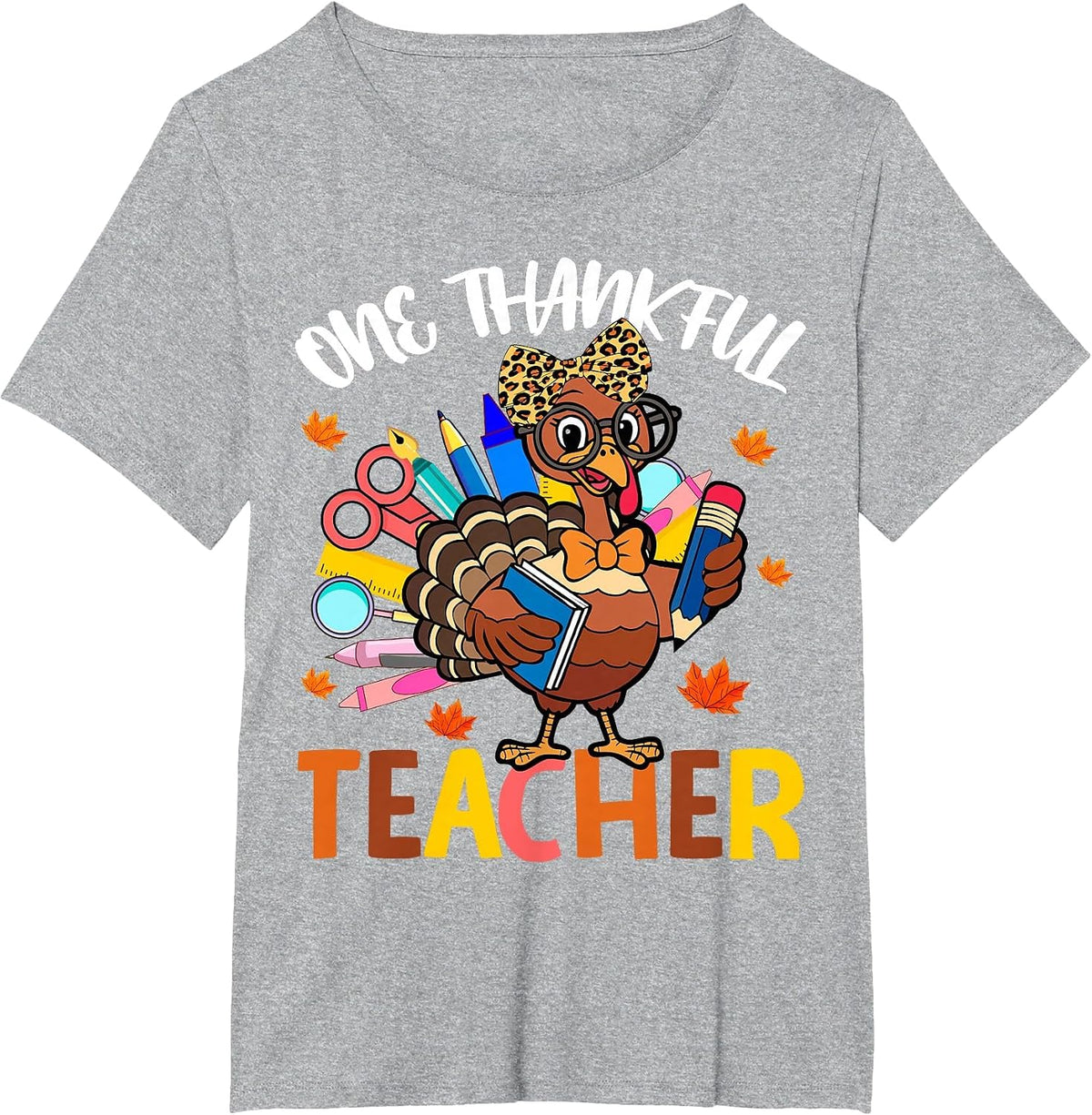 One Thankful Teacher Thanksgiving Turkey Cute Crayon Pencil T-Shirt - Heather Grey