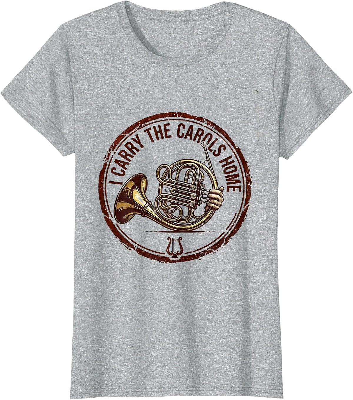 I Carry The Carols Home Funny French Horn Player Christmas T-Shirt - Heather Grey