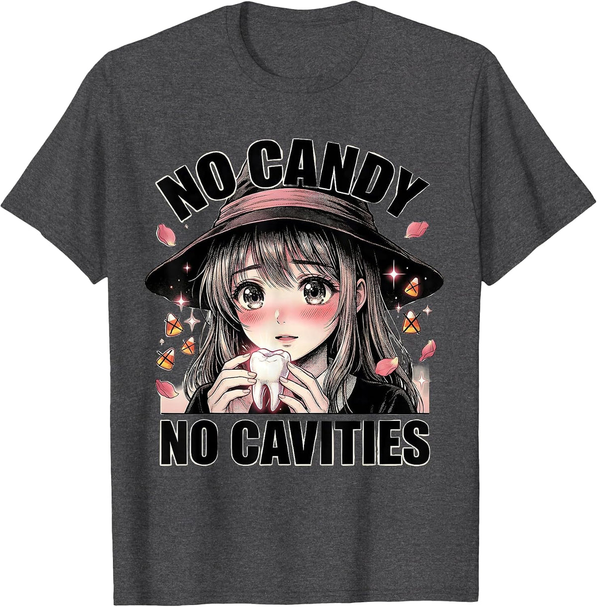 Men's No Candy No Cavities Halloween Dental Design T-Shirt - Dark Heather Grey