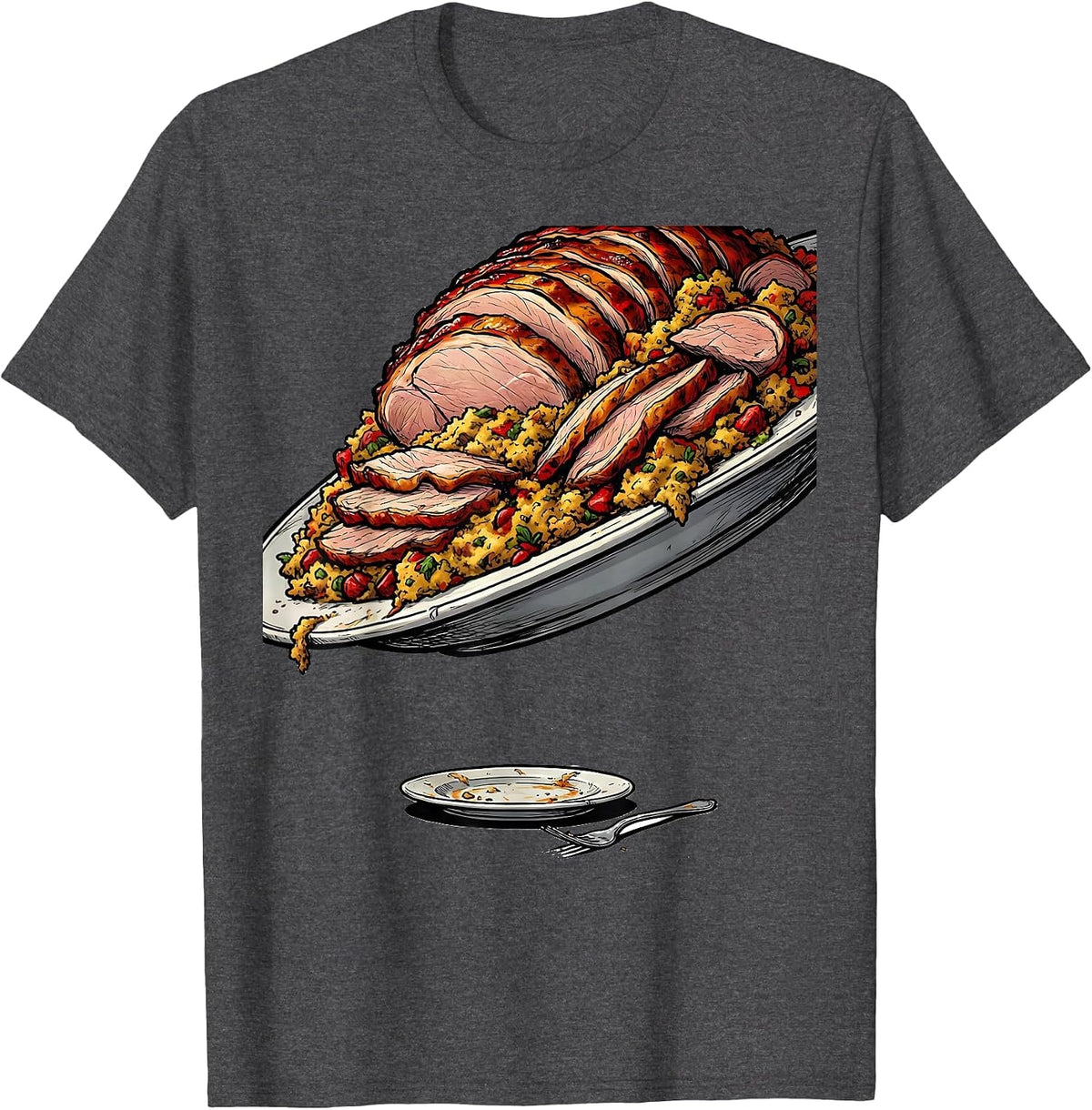 Giant Turkey Plate Funny Thanksgiving Matching Crew T-Shirt - Dark Heather Grey