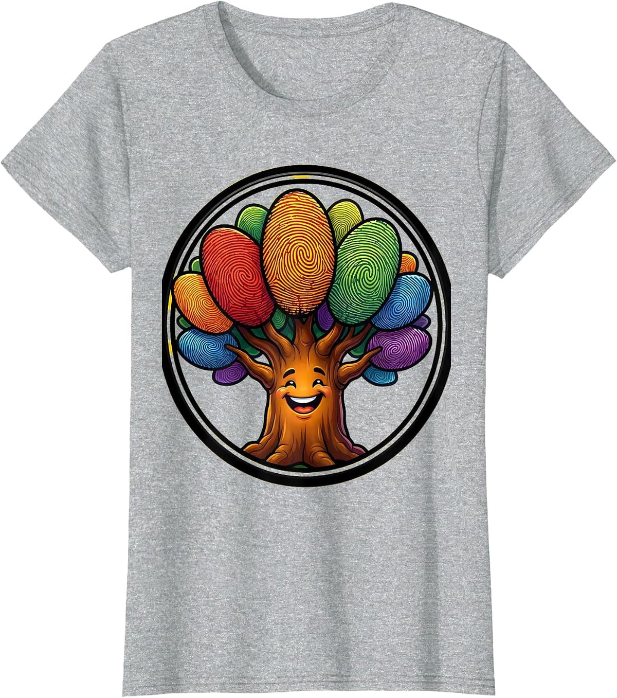 Kindergarten Teacher Fingerprint Rainbow Tree T-Shirt - Heather Grey