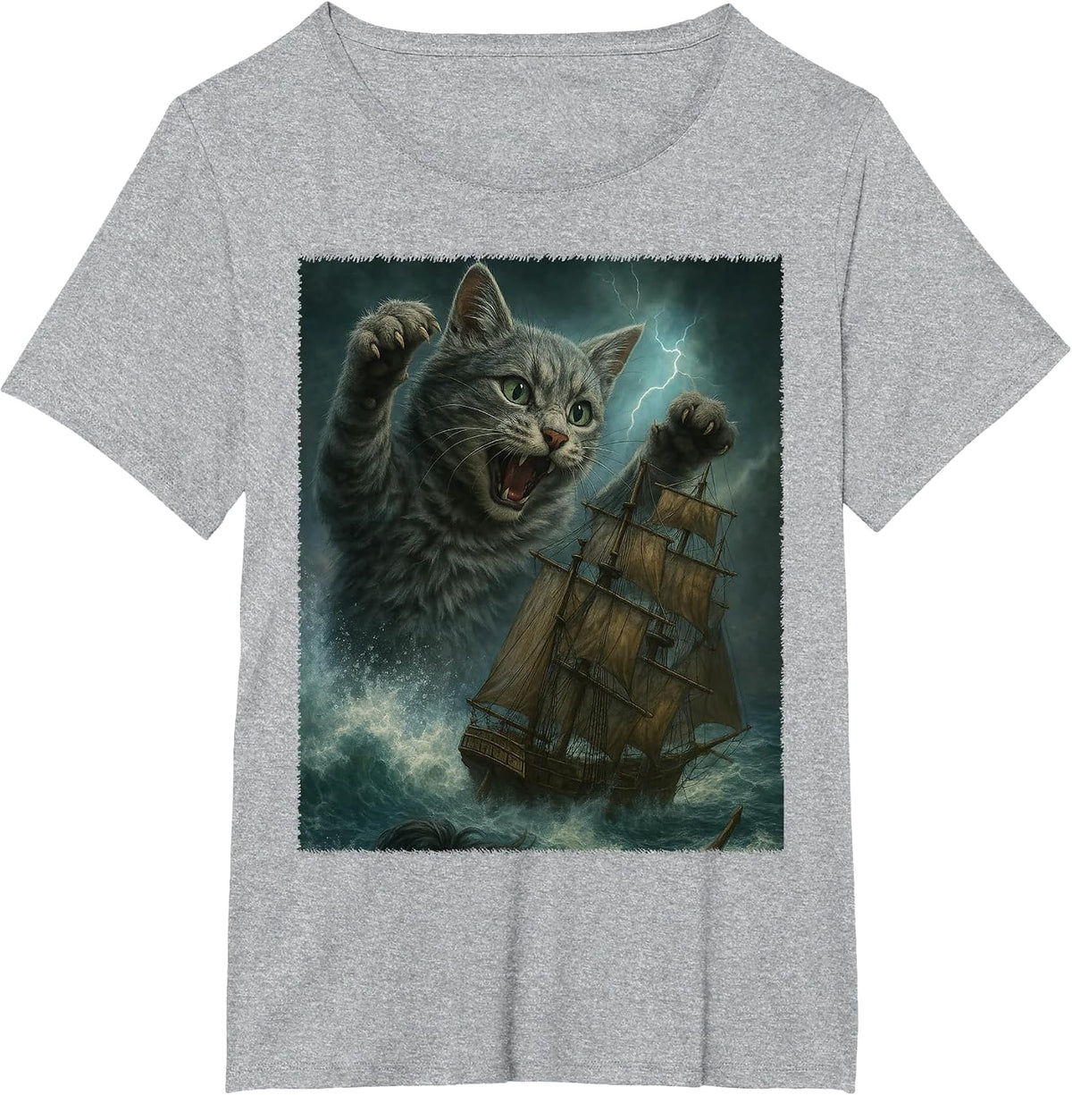 Giant Cat as Kraken Sea Monster Attack Pirate Ship in Ocean T-Shirt - Heather Grey