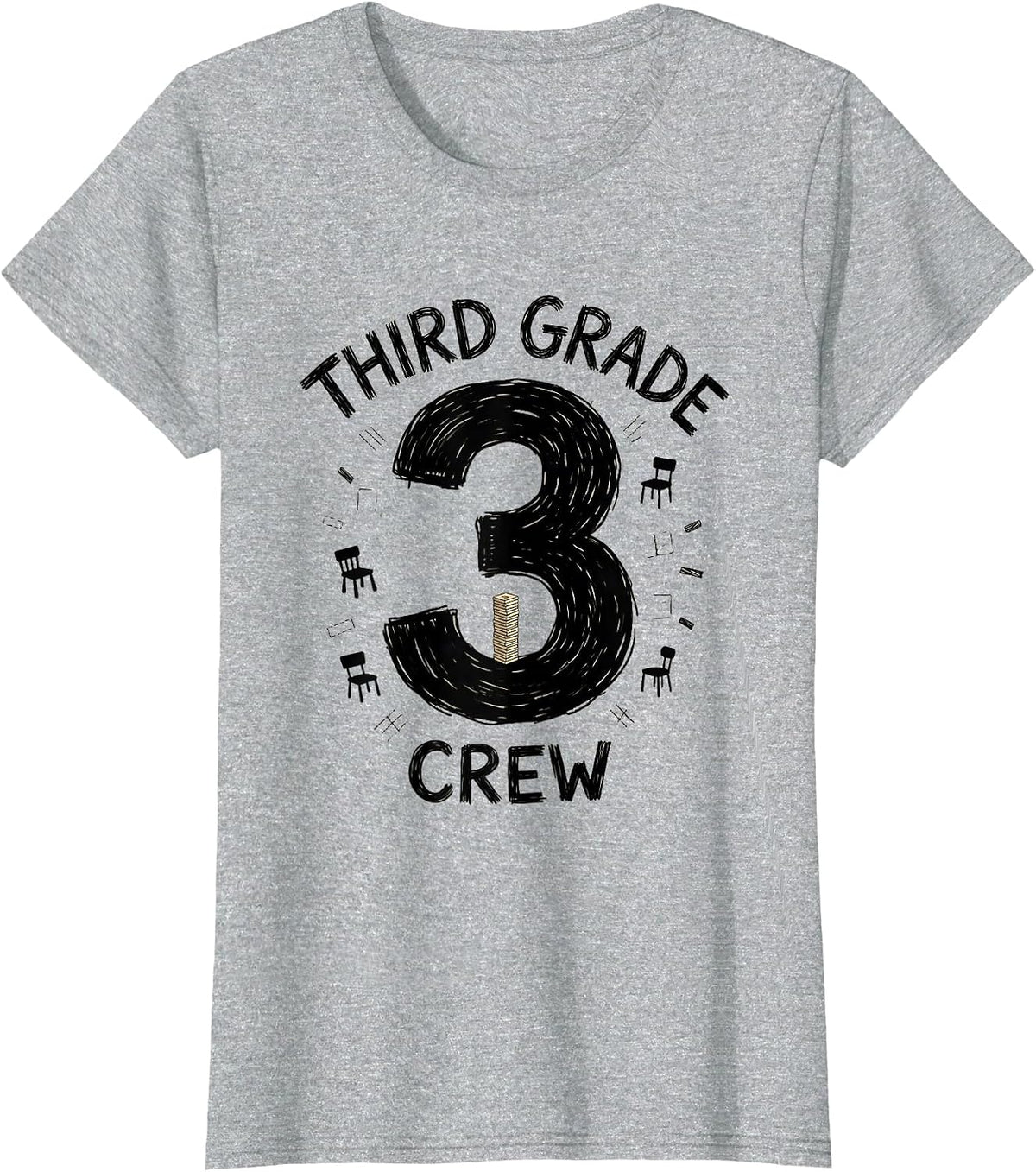 Third Grade Crew Hand-Sketched Teacher Humor Pride T-Shirt - Heather Grey