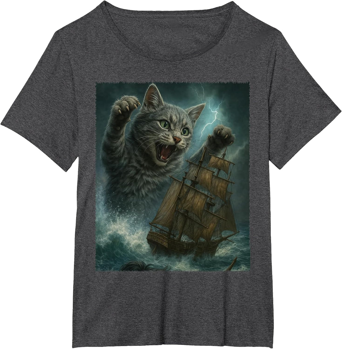 Giant Cat as Kraken Sea Monster Attack Pirate Ship in Ocean T-Shirt - Dark Heather Grey