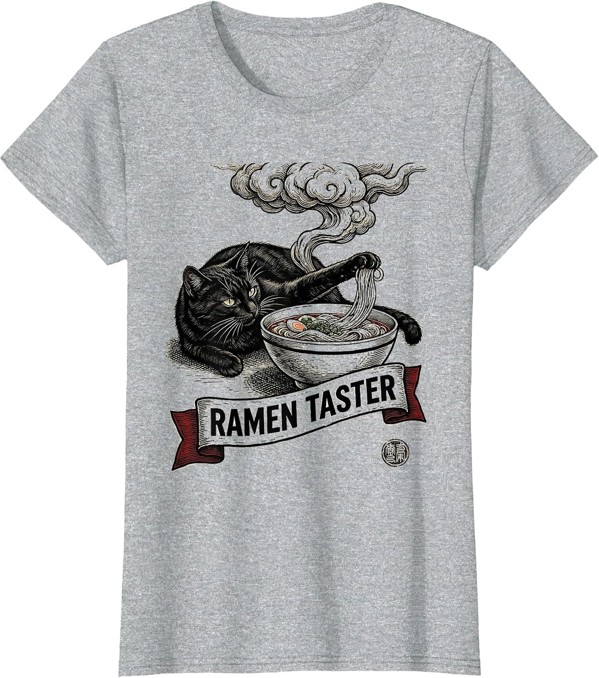 Women's Ramen Taster Funny Japanese Cat Anime Kawaii Woodcut T-Shirt - Heather Grey