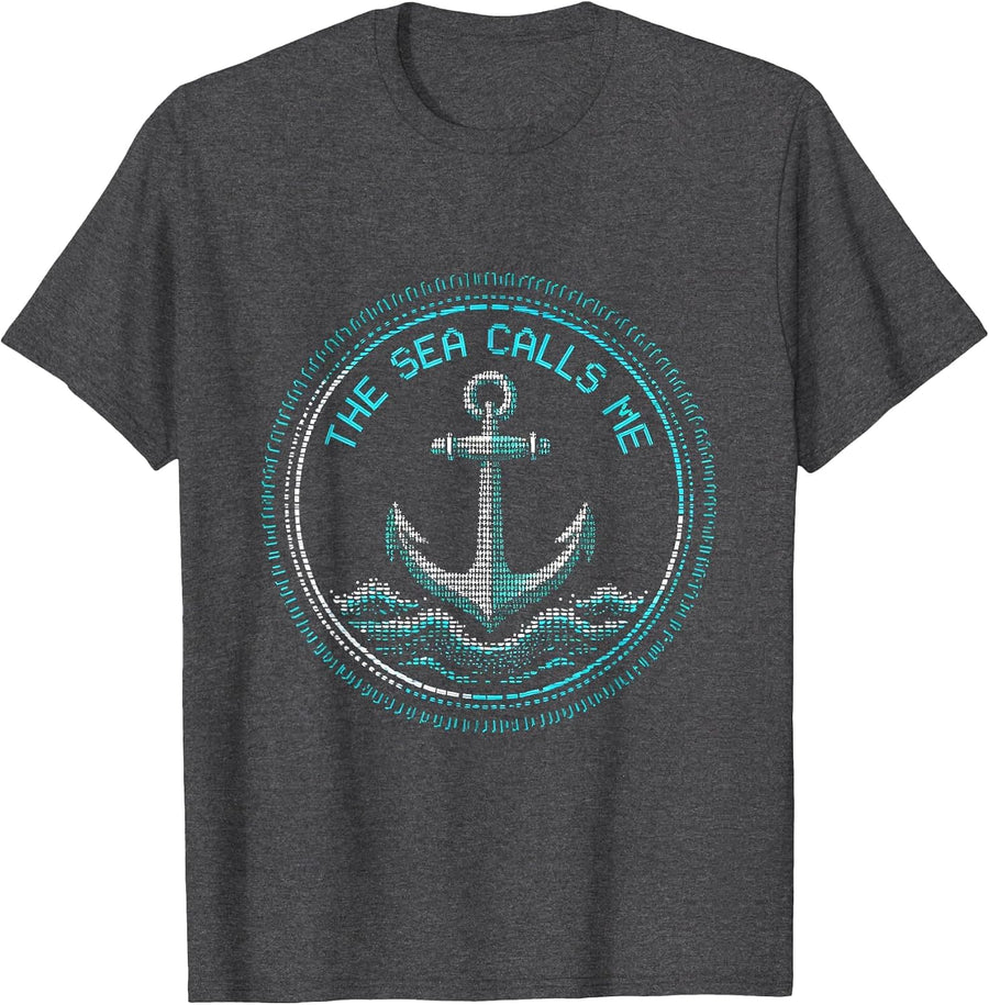 Men's The Sea Calls Me Navy Ocean Lover Design T-Shirt - Dark Heather Grey