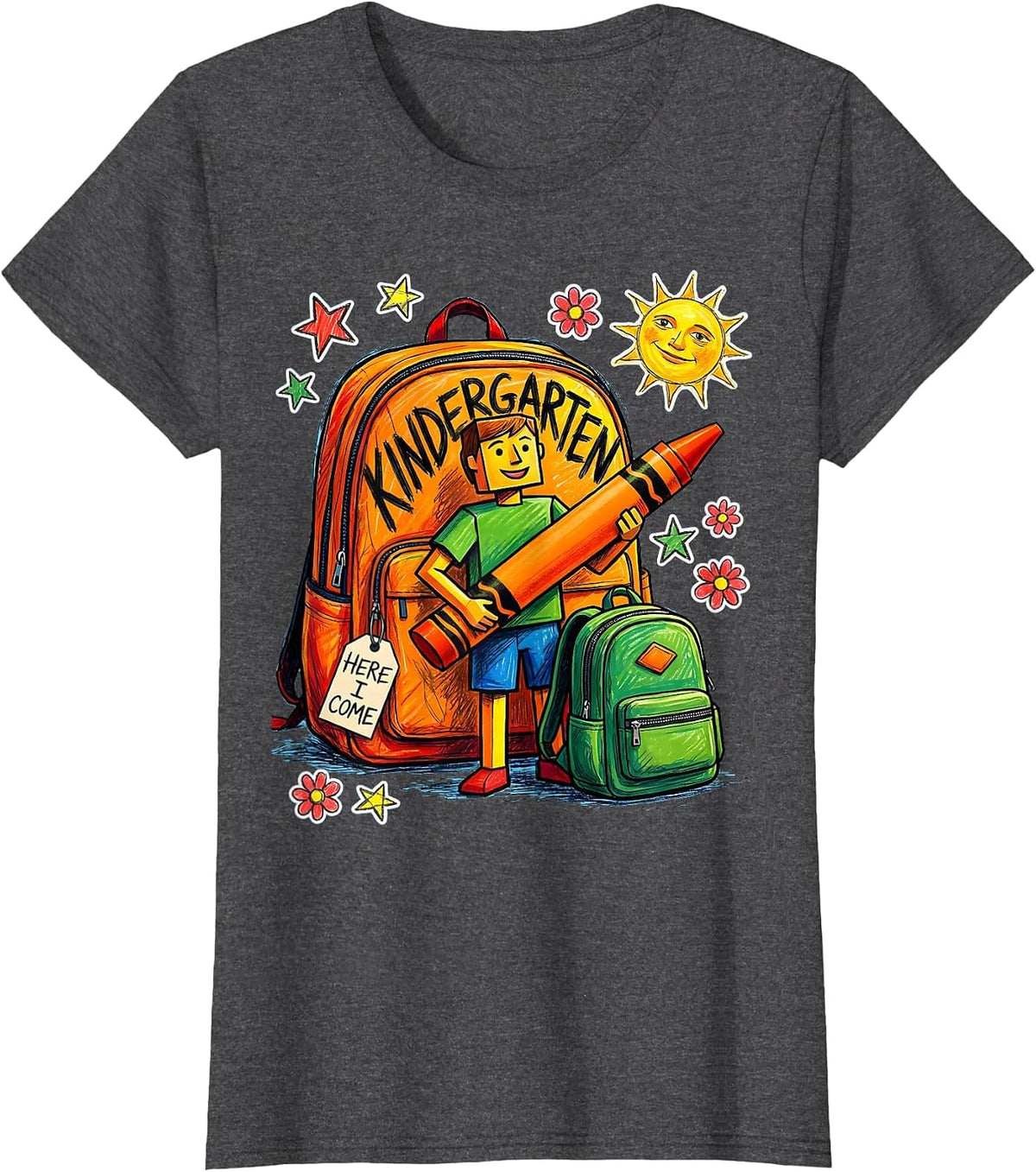 Women's Kindergarten, Here I Come Naive Kidcore Teacher Back to T-Shirt - Dark Heather Grey