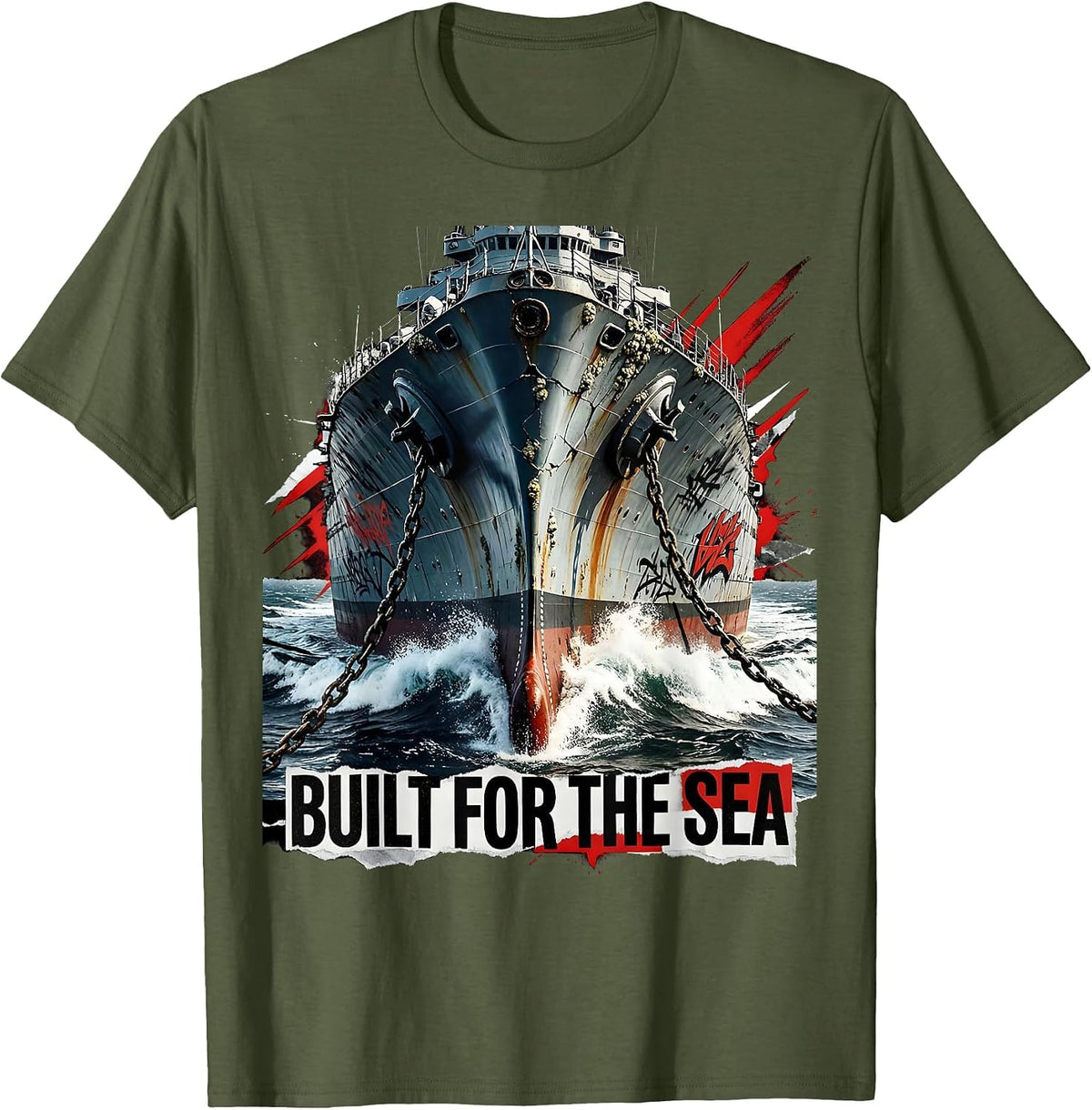 Built for the Sea Navy Ocean Graphic Design T-Shirt - Olive Green