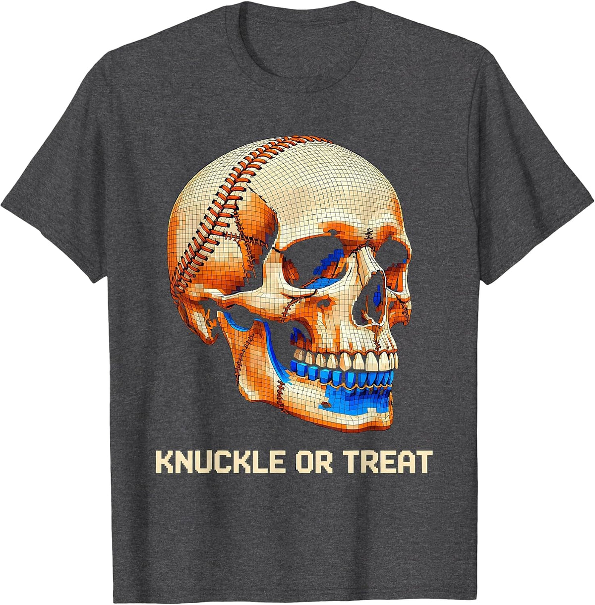 Knuckle Or Treat Pixel Art Skeleton Baseball Halloween T-Shirt - Dark Heather Grey