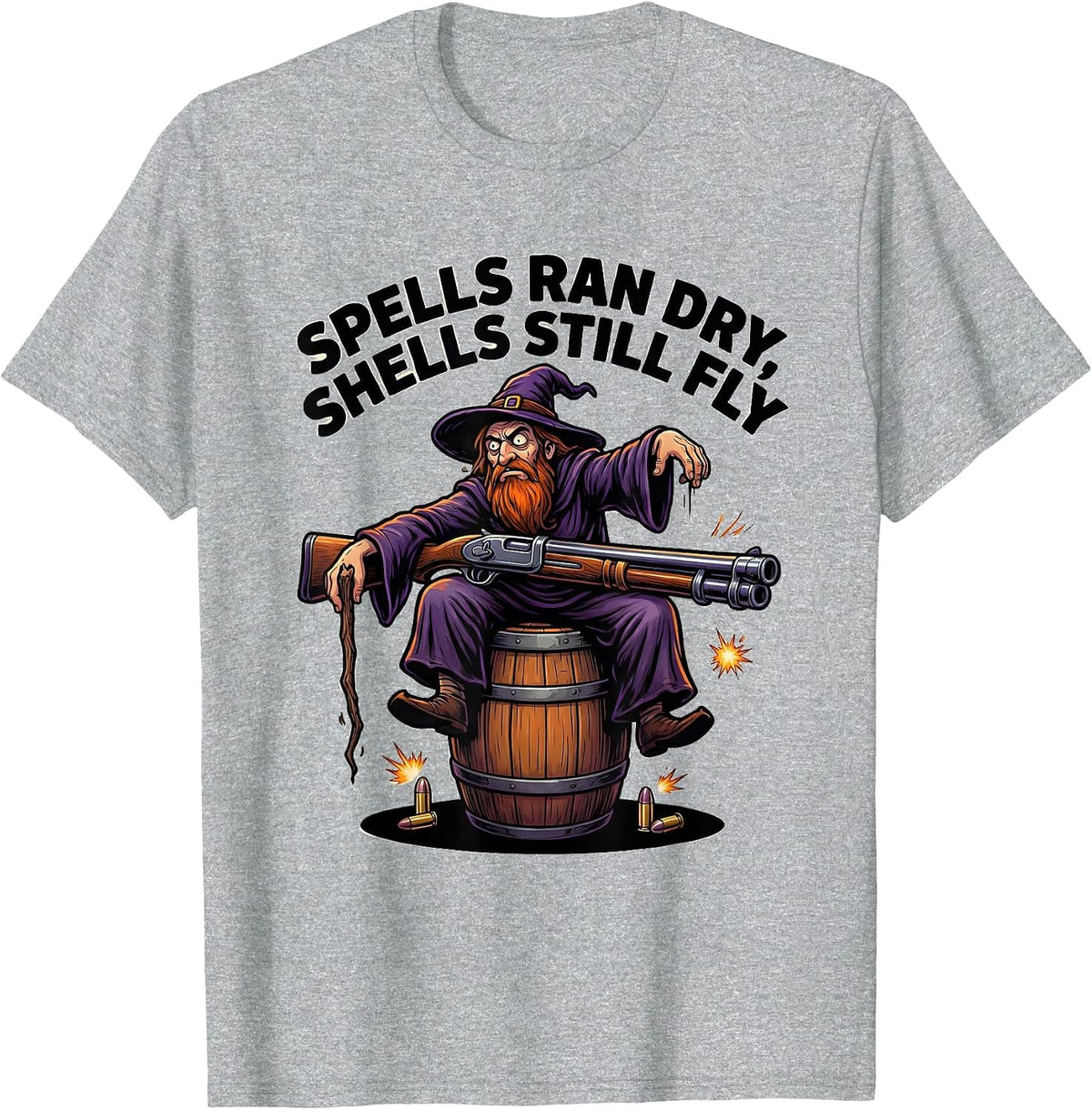 Men's Spells Ran Dry Shells Still Fly Cartoon Wizard Meme Humor T-Shirt - Heather Grey