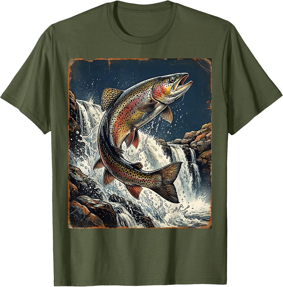 Men's Trout Splashing Through Waterfall Rapids T-Shirt - Olive Green