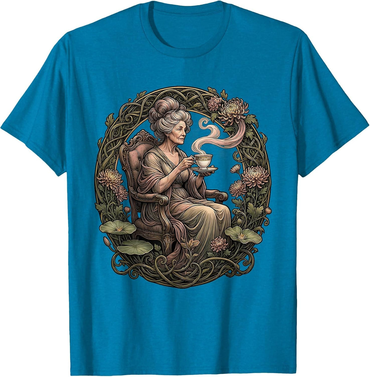 Mimi Grandma Sipping Tea Fancy Teacup Graphic T-Shirt - Sapphire Blue