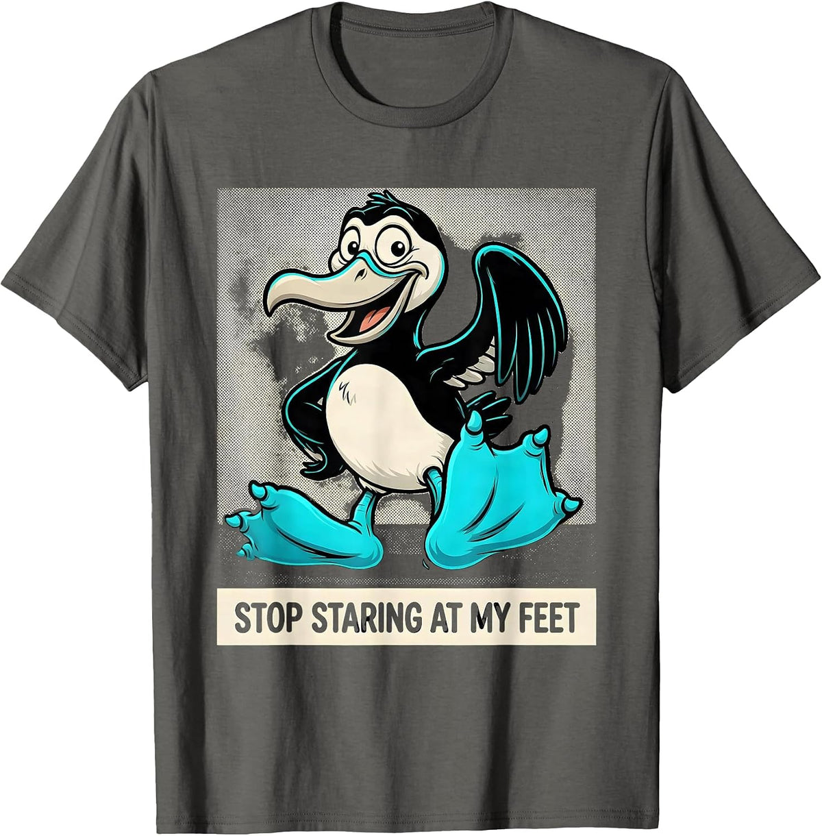 Stop Staring At My Feet Retro Cartoon Blue-Footed Booby T-Shirt - Asphalt Grey