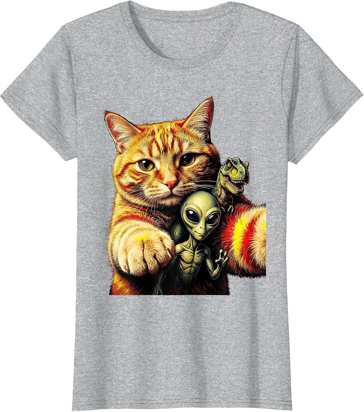Oversized Cat Selfie Alien Dinosaur Pulp Cover Novelty T-Shirt - Heather Grey