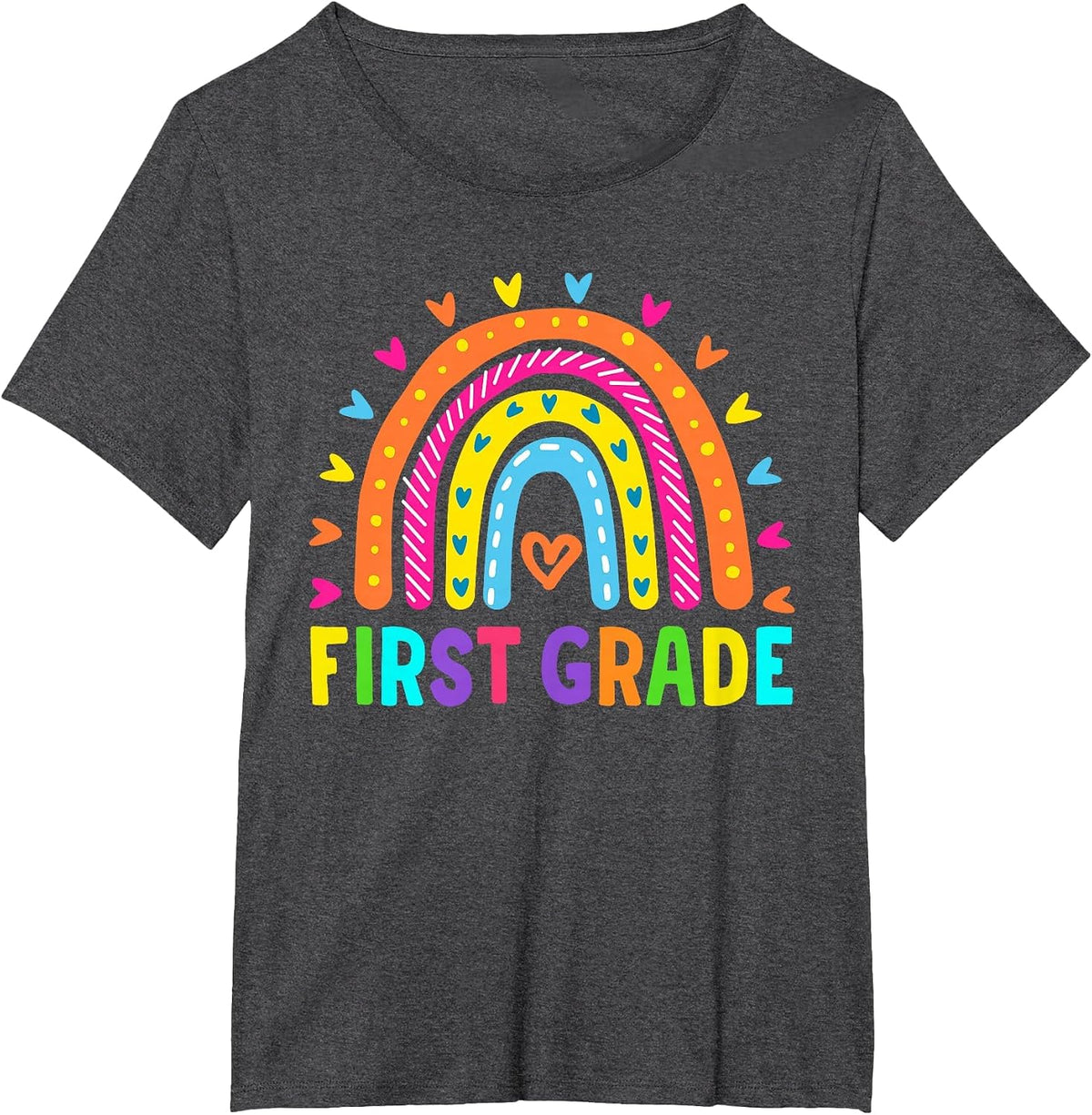 First Grade Rainbow Hearts Back to School Student Teacher T-Shirt - Dark Heather Grey
