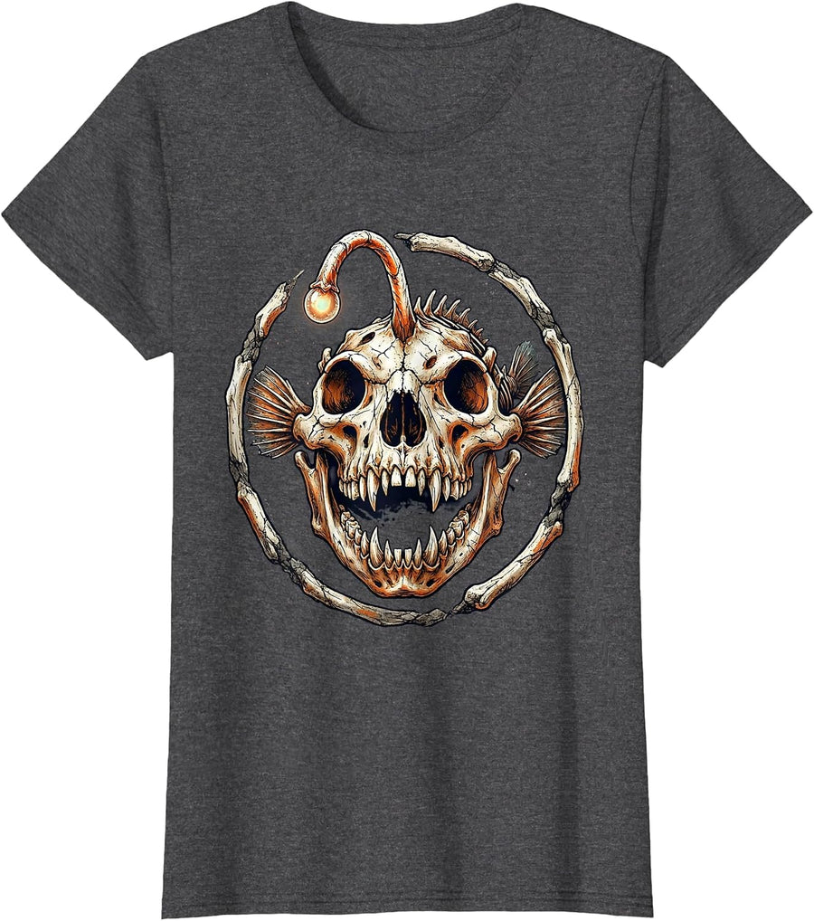 Women's Deep Sea Anglerfish Skull Glowing Lure Design T-Shirt - Dark Heather Grey