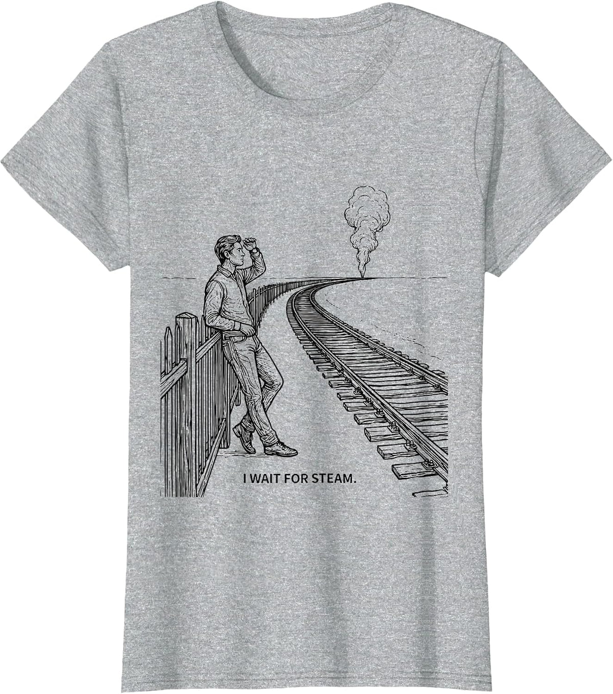 I Wait For Steam Patriotic Train Enthusiast Railroad T-Shirt - Heather Grey