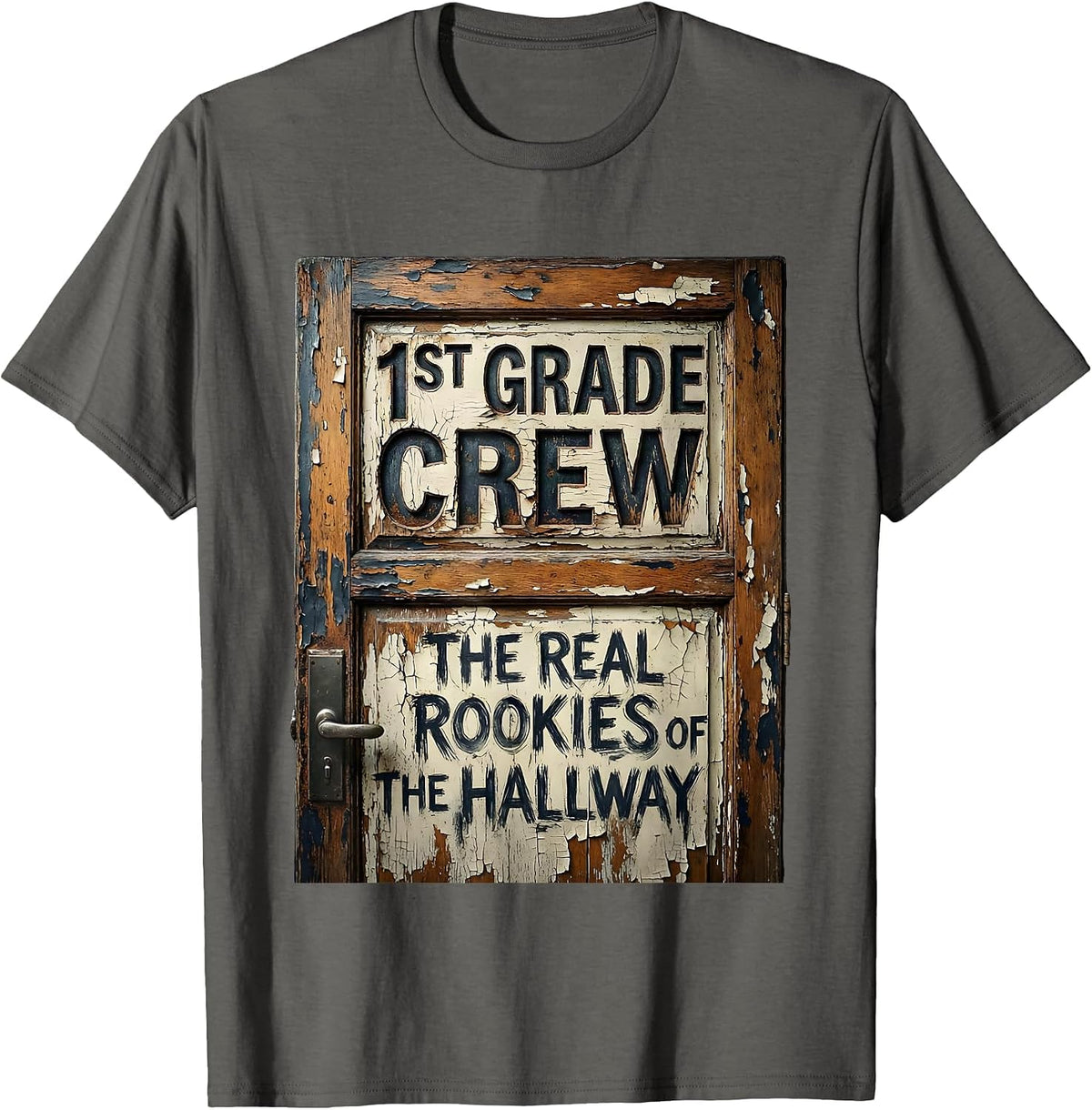 1st Grade Crew The Real Rookies Distressed Teacher T-Shirt - Asphalt Grey