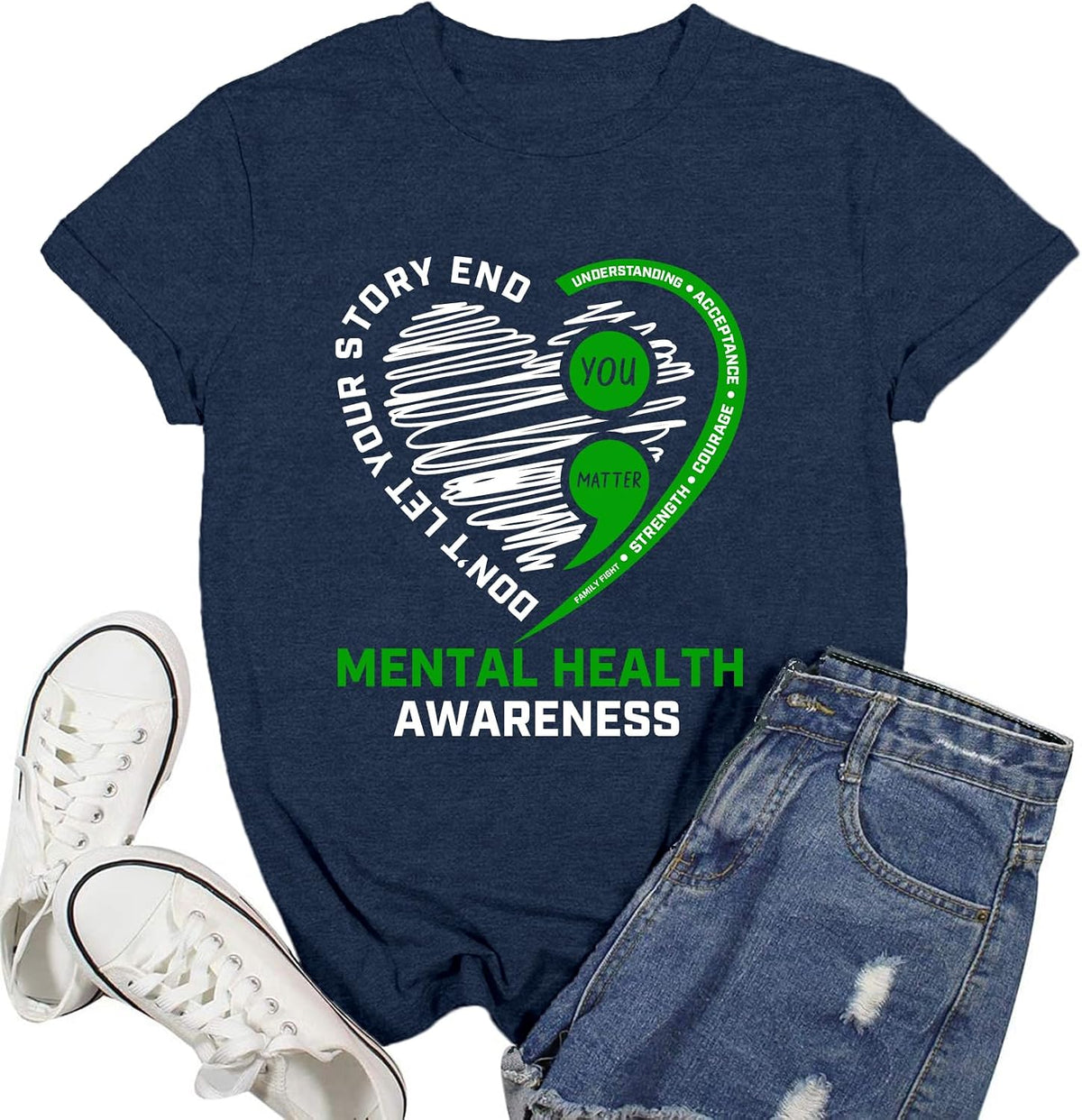 Women Mental Health Awareness Shirt Green Ribbon T-Shirt Inspirational Psychologist Therapist Tee Top - Blue