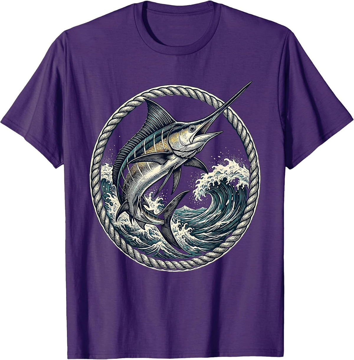 Caribbean Swordfish Leaping Ocean Waves Graphic T-Shirt - Purple