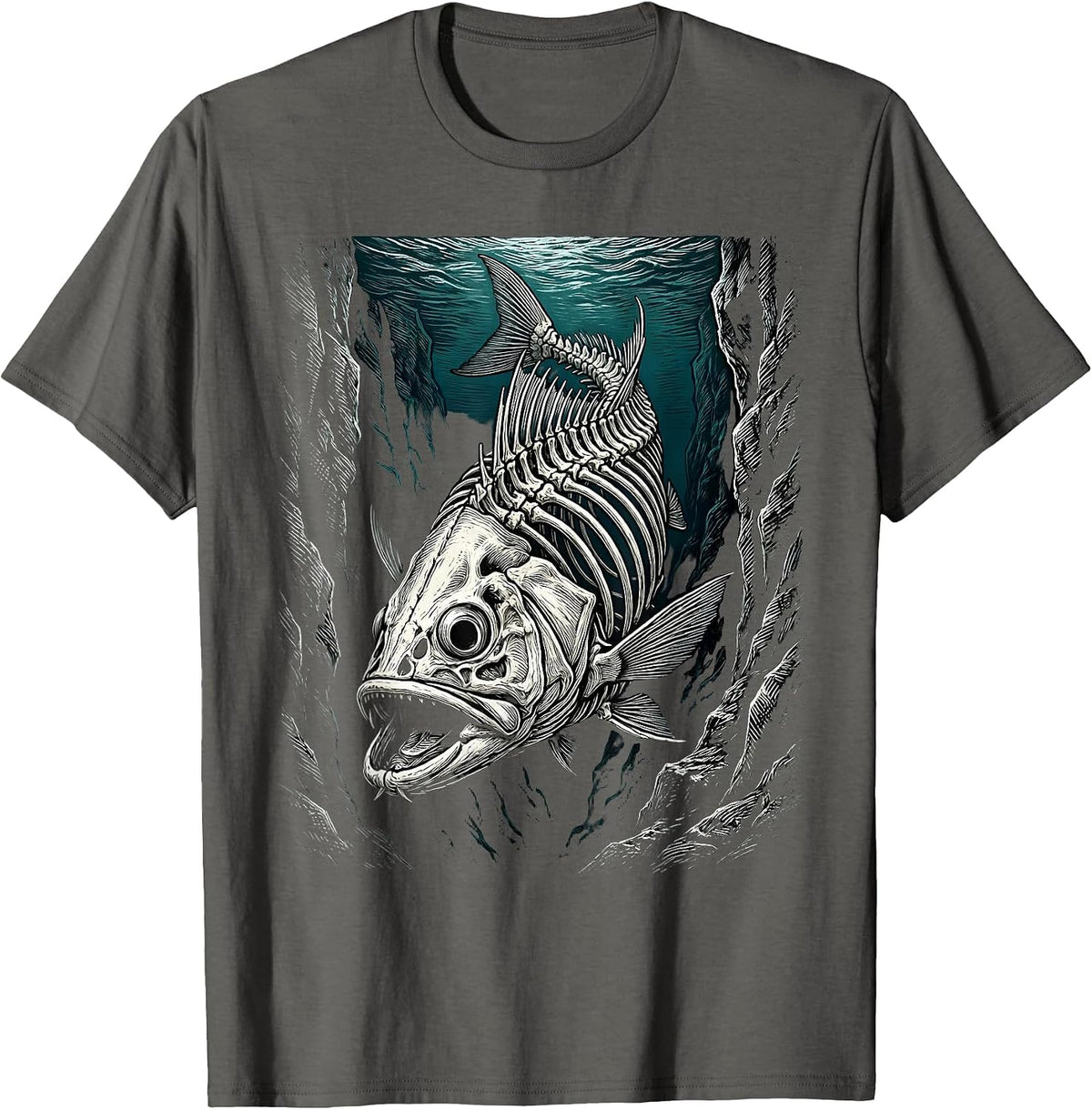 Men's Skeleton Fish Ocean Trench Deep Sea Illustration T-Shirt - Asphalt Grey