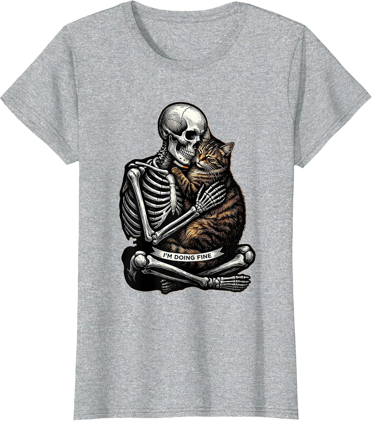 Women's I'm Doing Fine Scratchboard Skeleton Hugging Cat Halloween T-Shirt - Heather Grey